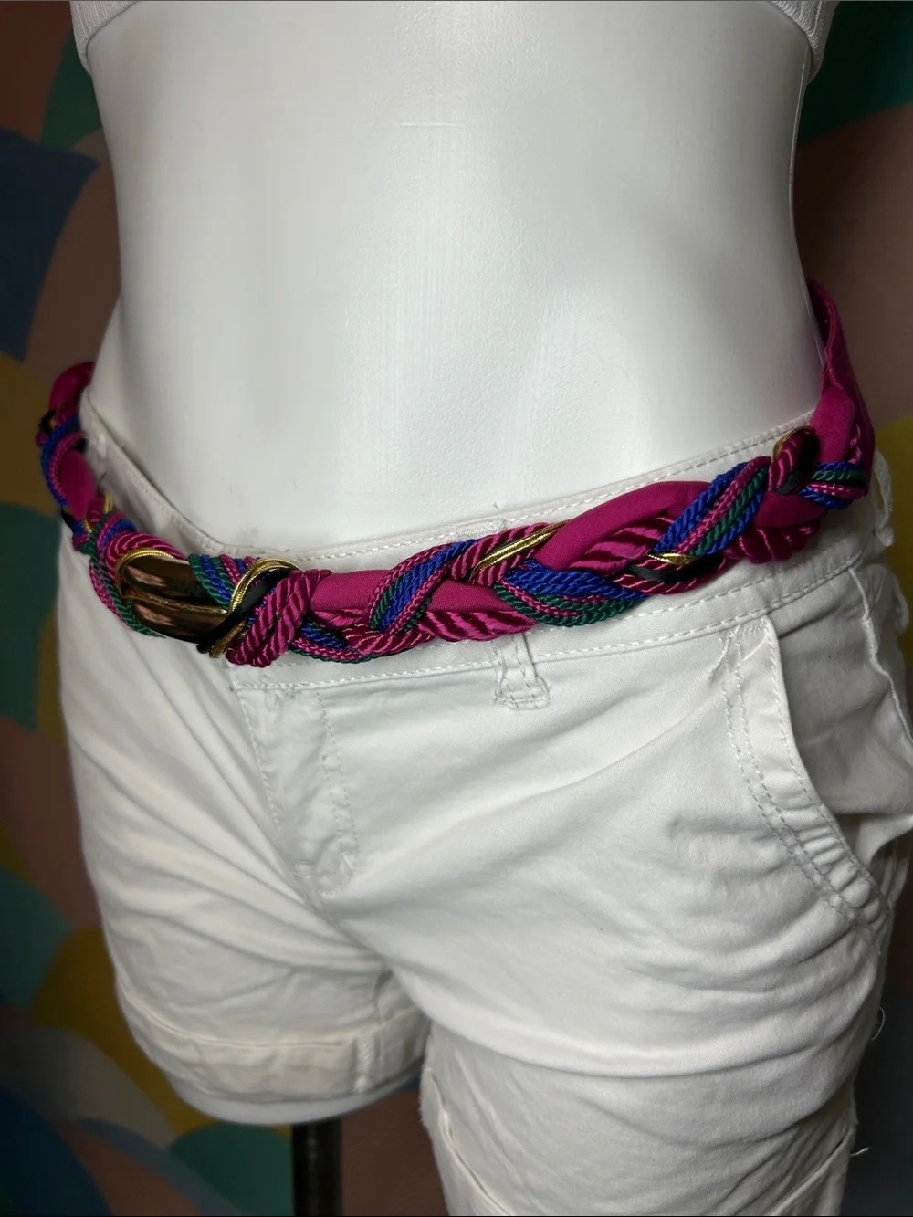 Vintage 1980s Ginnie Johansen Braided Fuchsia Multicolor Rope Belt Gold-Tone